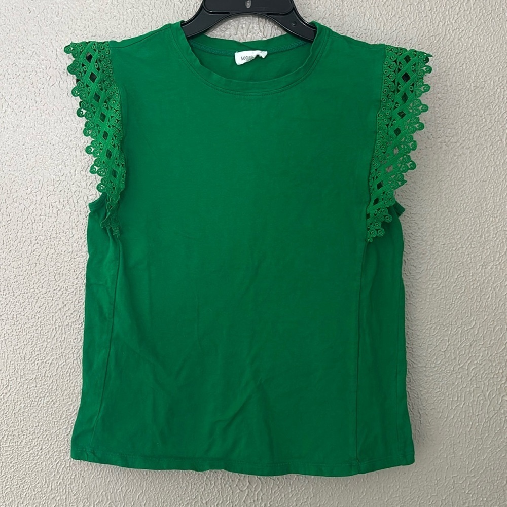 Women’s Sugar + Lips Lace Sleeve Top, Medium, Green